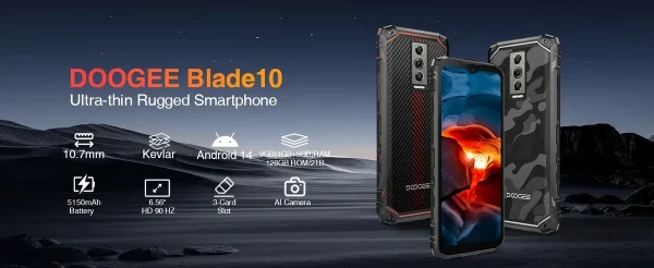 DOOGEE Blade10 teléfono resistente 6,56 "90Hz pantalla IPS 4GB + 128GB Octa Core 5150mAh Android 14 desbloqueo facial ultrafino.